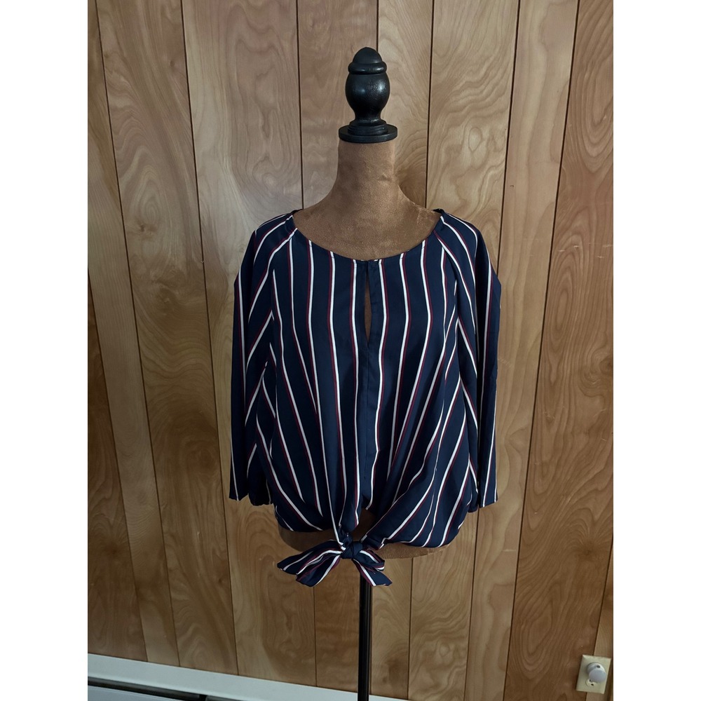 Japna Womens XL Navy Blue Striped Tie Front Blouse 3/4 Sleeve Keyhole Top